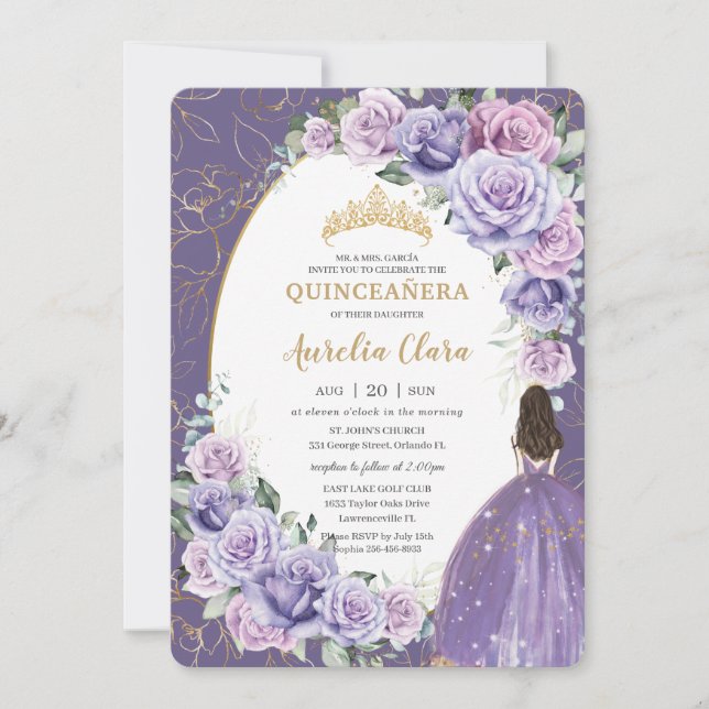 Invitation Quinceañera Purple Lilac Floral Gold Princesse (Devant)