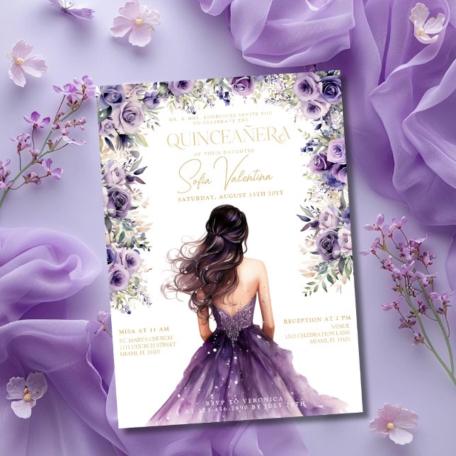 Invitation Quinceañera Purple Lilac Floral Gold Princesse Gow (Quinceañera Purple Lilac Floral Gold Princess Gown Invitation)