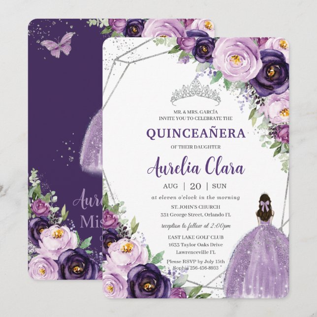 Invitation Quinceañera Purple Lilac Plum Floral Argent Robe (Devant / Derrière)