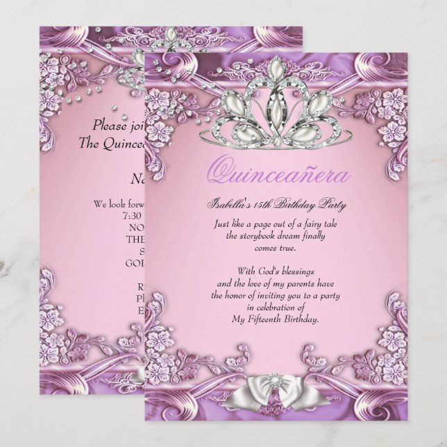 Invitation Quinceanera Purple Pink 15e fête d'anniversaire (Devant / Derrière)