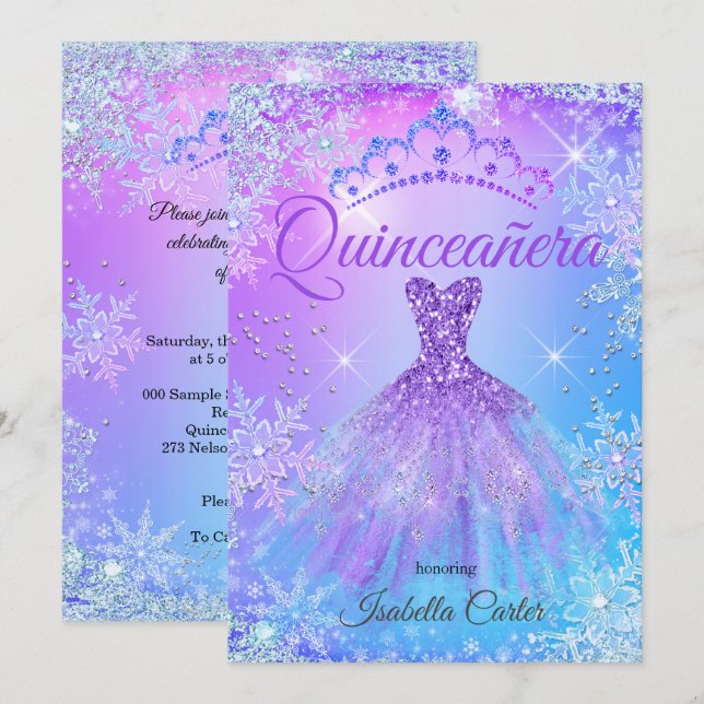 Invitation Quinceanera Purple Pink Blue Winter Wonderland 2 (Devant / Derrière)
