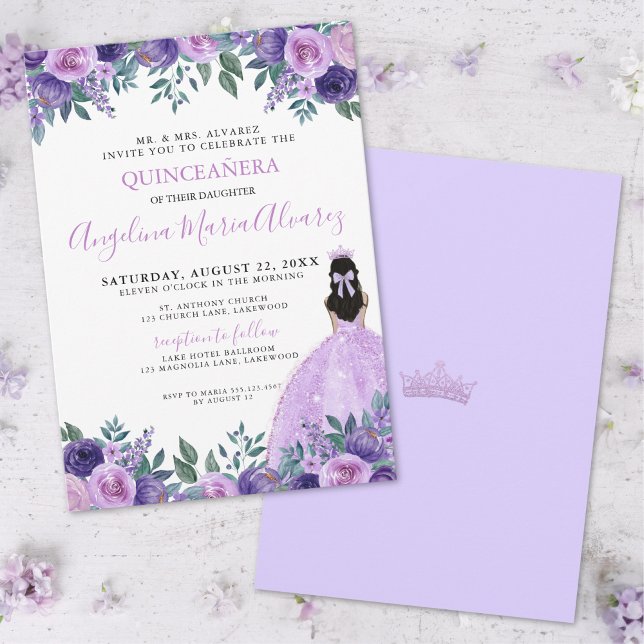 Invitation Quinceañera Purple Rose Fleurs Couronne (Quinceañera Purple Roses Flowers Crown Invitation)