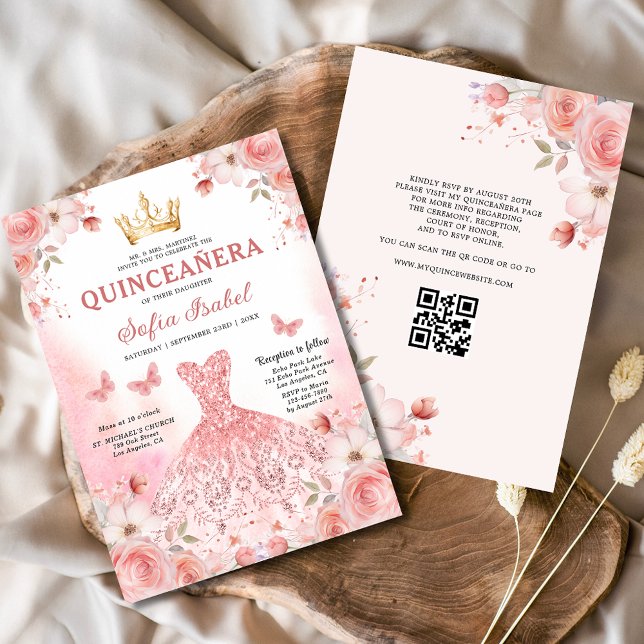 Invitation Quinceañera QR Code Rose rose pâle Floral (Créateur téléchargé)