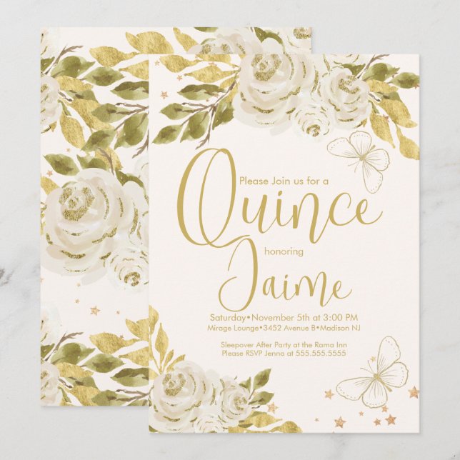 Invitation Quinceanera Quince Aquarelle Papillons ivoire (Devant / Derrière)