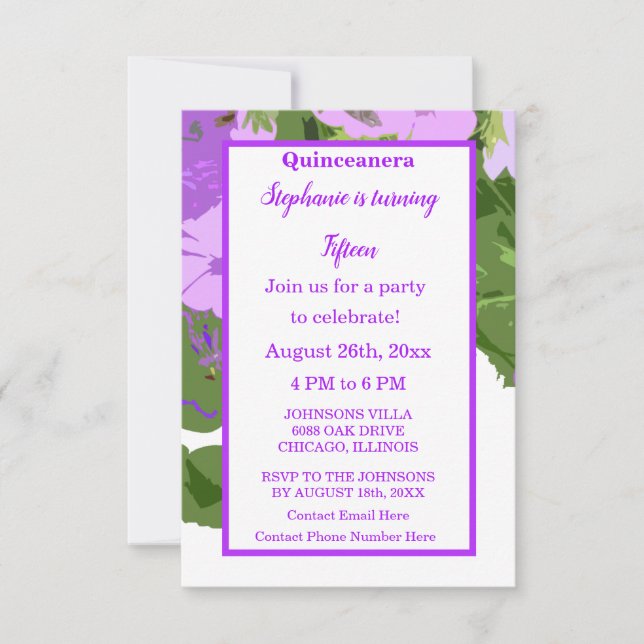 Invitation Quinceanera Quinzième Anniversaire Purple Floral C (Devant)