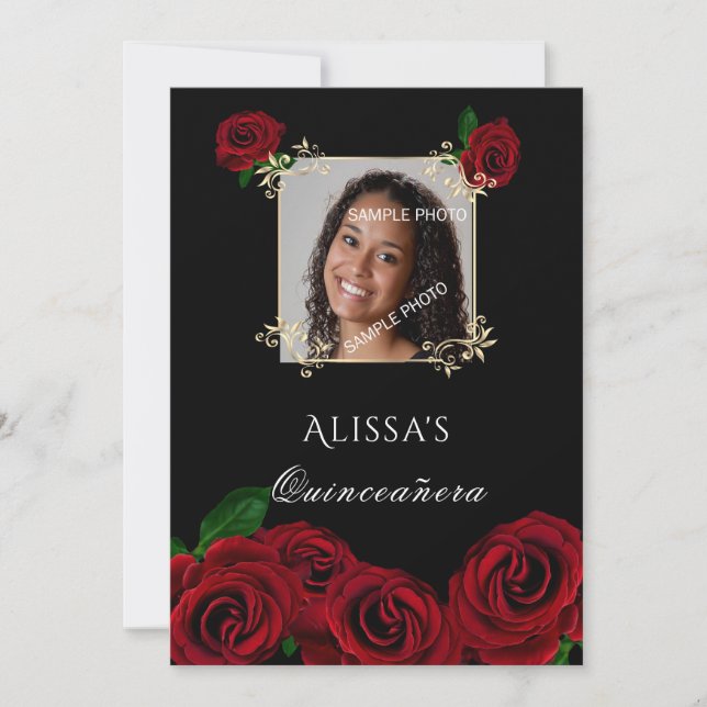 Invitation Quinceanera Red Roses Gold Frame Quinceanera (Devant)