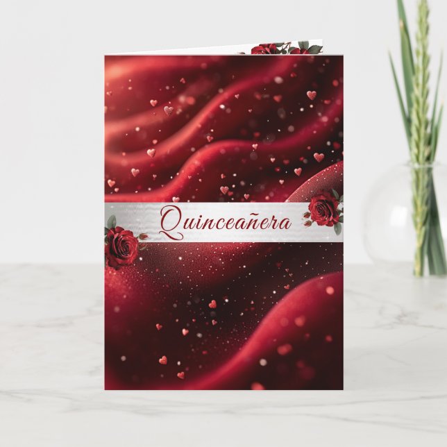 Invitation Quinceanera Red Roses Hearts Red Satin (Devant)