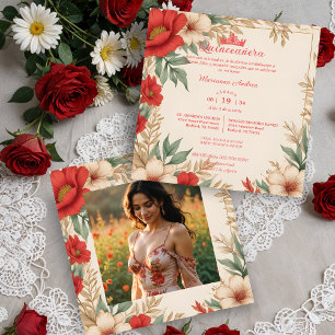 Invitation Quinceañera Red Shades Sweet Floral Photo espagnol