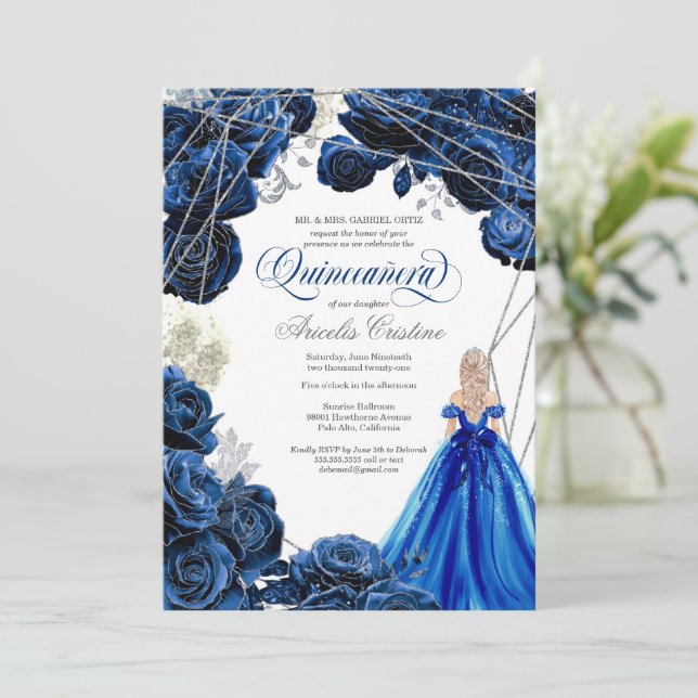 Invitation Quinceañera Regal Royal Blue & Silver w Gown Invit (Debout devant)