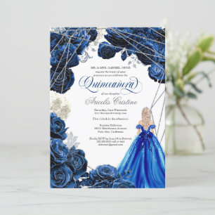 Invitation Quinceañera Regal Royal Blue & Silver w Gown Invit