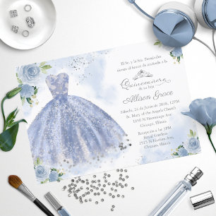 Invitation Quinceañera Robe Argent Bleu Espagnol