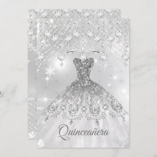 Invitation Quinceanera Robe Blanche Argent 15e fête d'anniver