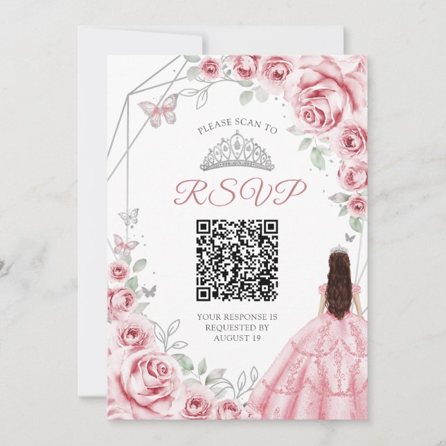 Invitation Quinceanera Robe d'argent rose Floral RSVP code QR (Devant)