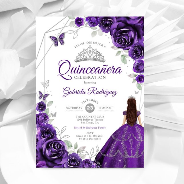 Invitation Quinceanera Robe d'argent violet Floral (Créateur téléchargé)