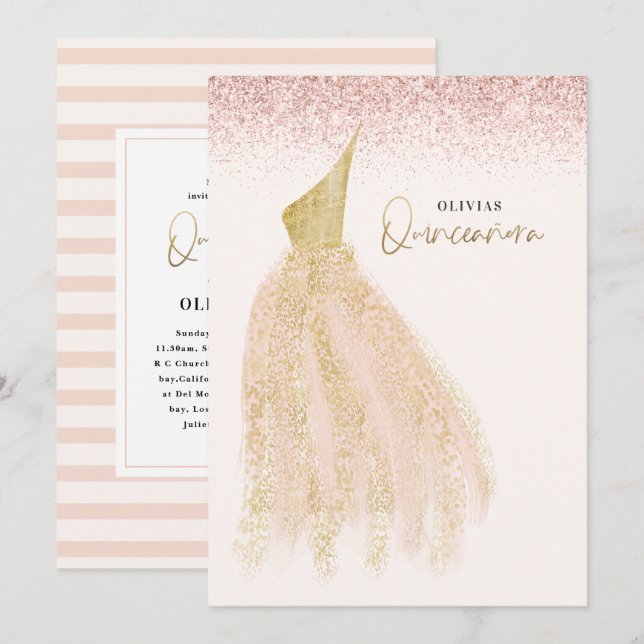Invitation Quinceañera Robe de parties scintillant rose fille (Devant / Derrière)