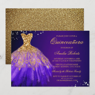 Invitation Quinceanera Robe Étincelante Or Pourpre