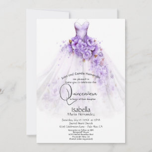 Invitation Quinceañera   Robe florale Roses Violettes