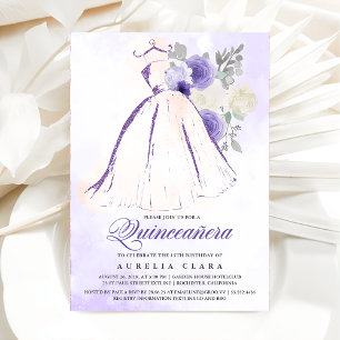 Invitation Quinceañera Robe Florale violette 15e anniversaire