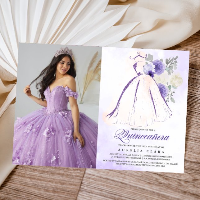 Invitation Quinceañera Robe Florale violette 15e anniversaire (Créateur téléchargé)