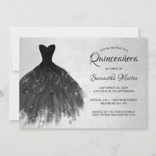 Invitation Quinceanera robe noire chic sur Silver Party Invit