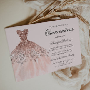 Invitation Quinceanera Robe Rose Gold Pailletée
