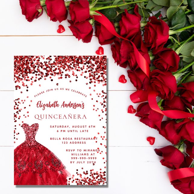Invitation Quinceanera robe rouge blanche pétillante fête (Créateur téléchargé)