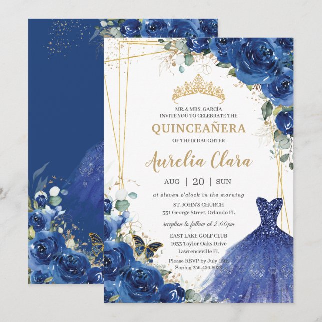 Invitation Quinceañera Robe royale bleue florale 16e annivers (Devant / Derrière)