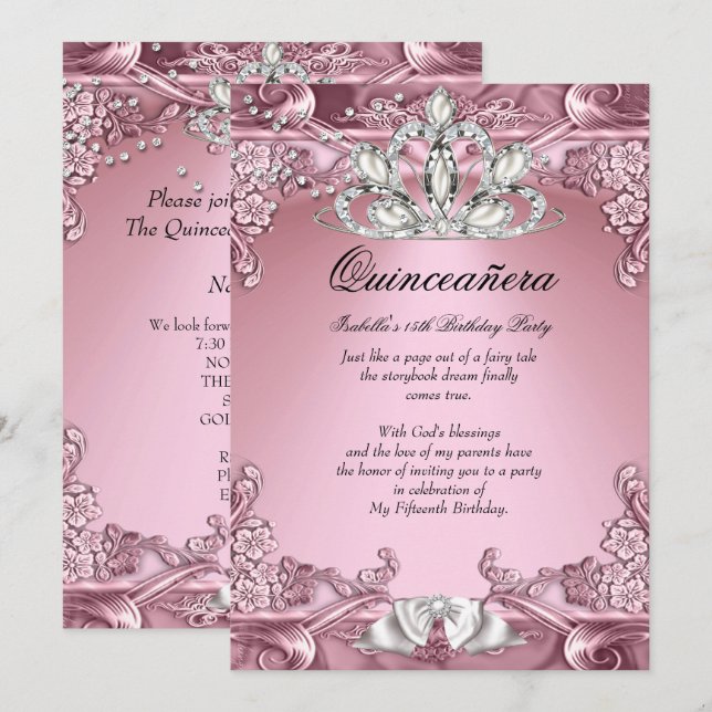 Invitation Quinceanera rose 15e fête d'anniversaire (Devant / Derrière)