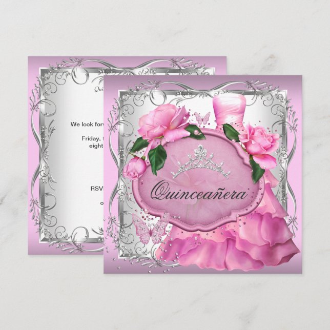 Invitation Quinceanera rose 15ème Rose du parti Tiara (Devant / Derrière)