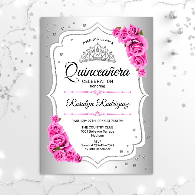 Invitation Quinceanera - Rose argenté blanc (Créateur téléchargé)