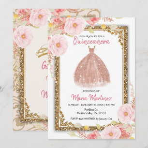 Invitation Quinceanera Rose aux fleurs roses blanches