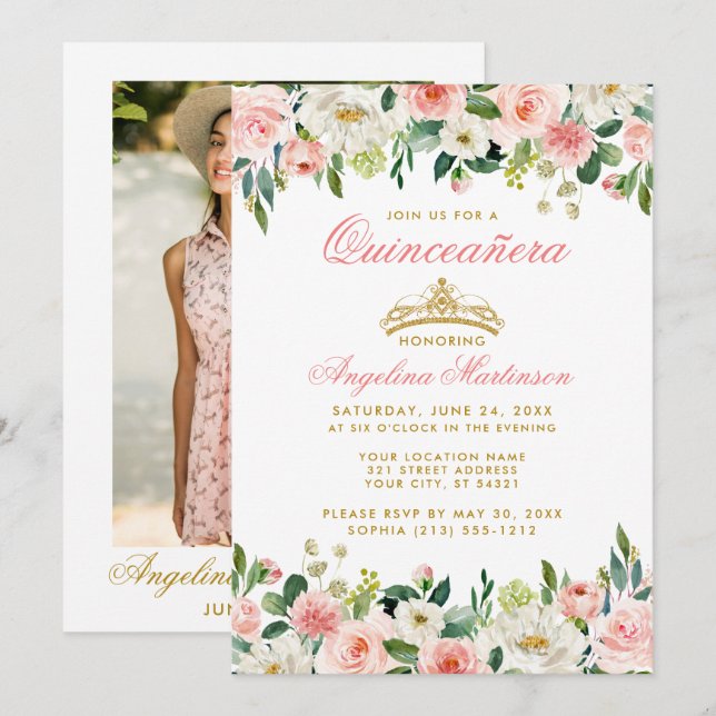 Invitation Quinceanera rose Blush Floral Couronne or photo (Devant / Derrière)