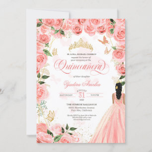 Invitation Quinceanera Rose Blush Rose Élégant Papillon