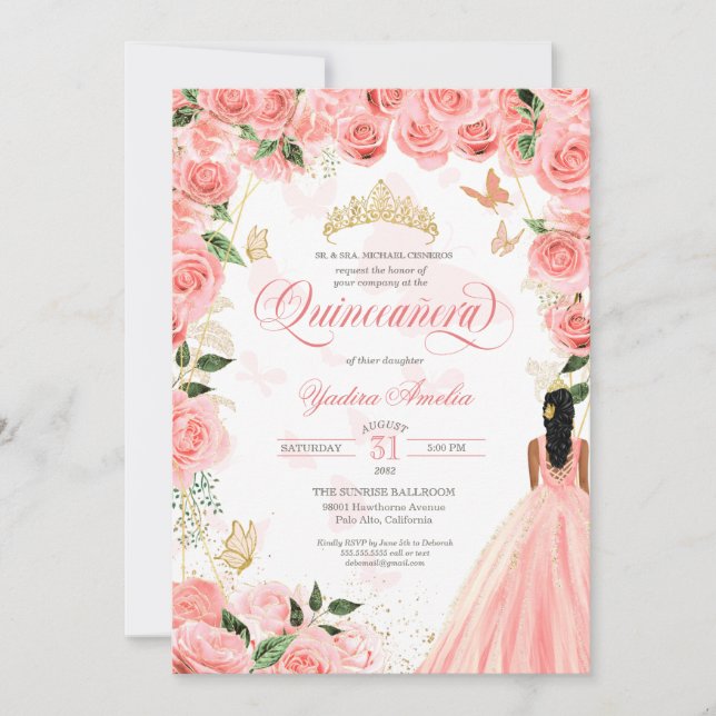 Invitation Quinceanera Rose Blush Roses Élégant Papillon Inv (Devant)