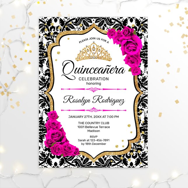 Invitation Quinceanera - Rose Damas Or Rose (Créateur téléchargé)