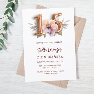 Invitation Quinceanera rose de pêche à l'or floral