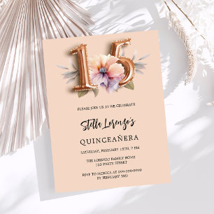 Invitation Quinceanera rose de pêche à l'or floral