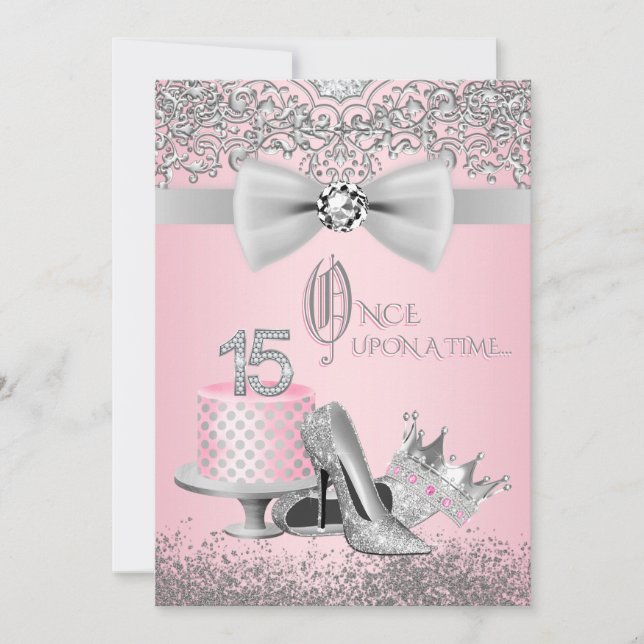 Invitation Quinceanera rose et argent (Devant)