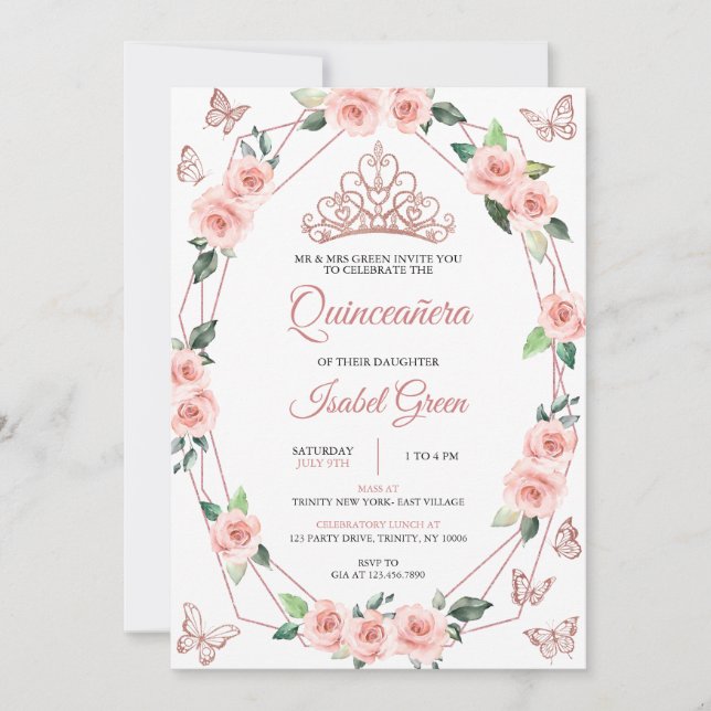 Invitation Quinceañera rose et or (Devant)