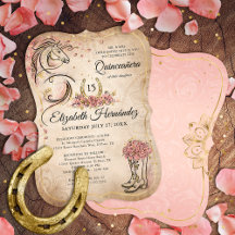 Quinceanera rose et or Cheval rustique Anniversair