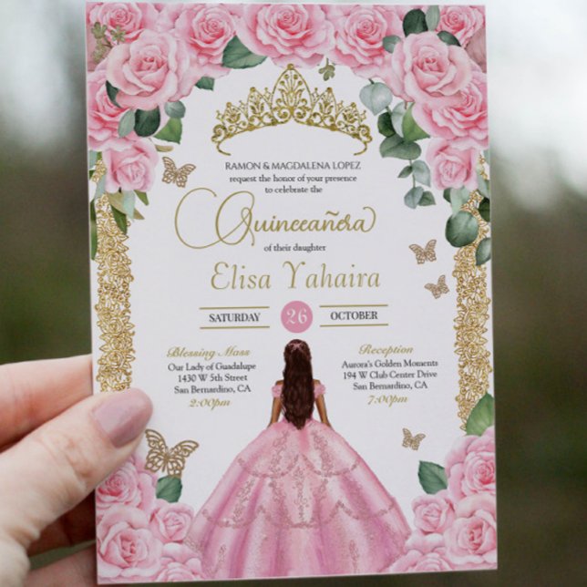 Invitation Quinceanera rose et papillon doré (Créateur téléchargé)