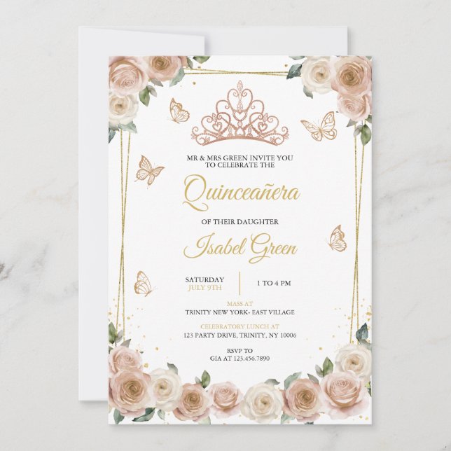 Invitation Quinceañera rose et Rose (Devant)