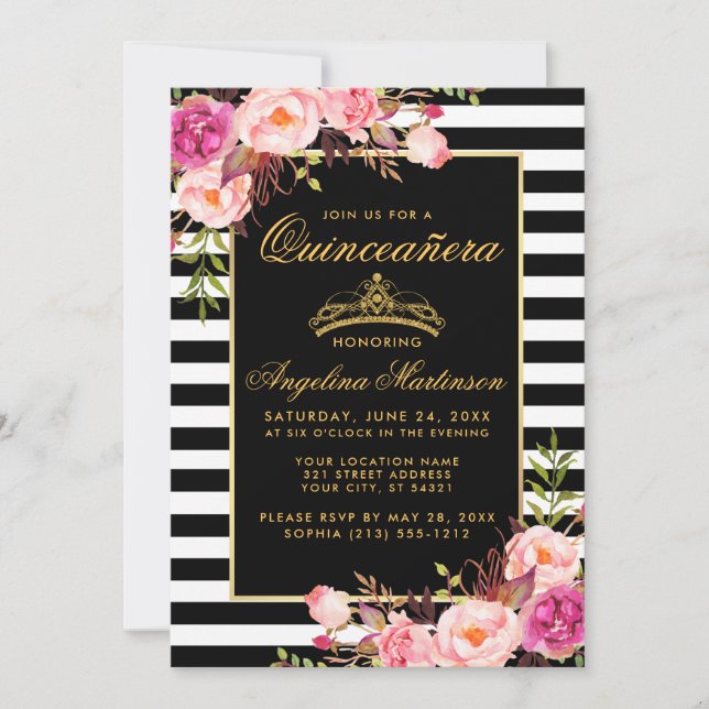 Invitation Quinceanera Rose Floral Or Grilles (Devant)