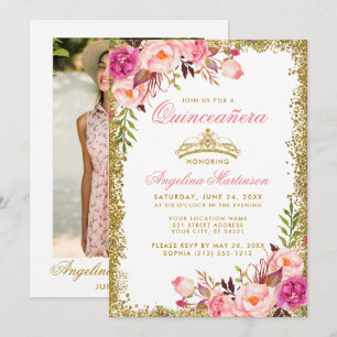 Invitation Quinceanera rose Floral Photo Parties scintillant 