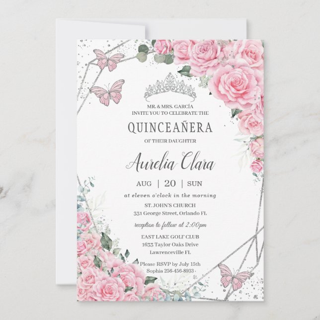 Invitation Quinceañera Rose Floral Princess Papillon en argen (Devant)
