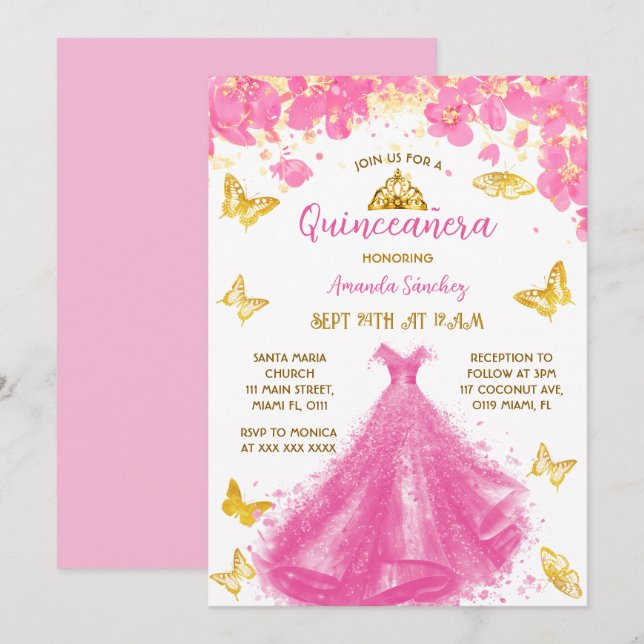 Invitation Quinceanera rose Floral Princesse Robe & Tiara (Devant / Derrière)