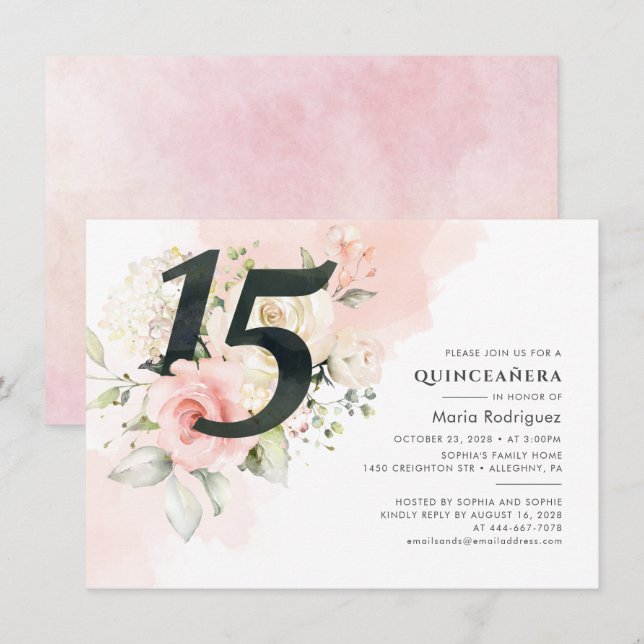 Invitation Quinceanera rose florale 15e aquarelle d'anniversa (Devant / Derrière)