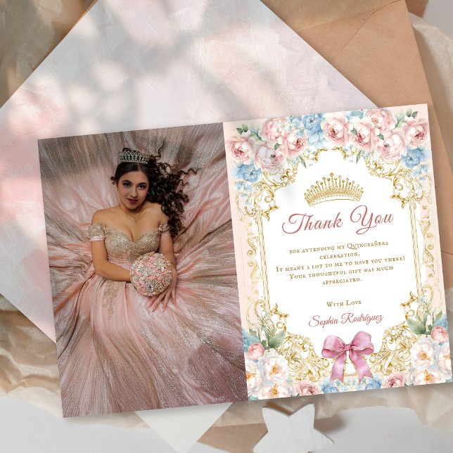 Invitation Quinceanera rose florale classique Photo ThankYou  (Classy Floral Pink Quinceanera Photo ThankYou Card)