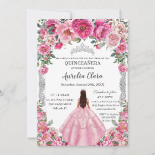Invitation Quinceañera Rose Fuchsia Fleurs robe Gown Argent