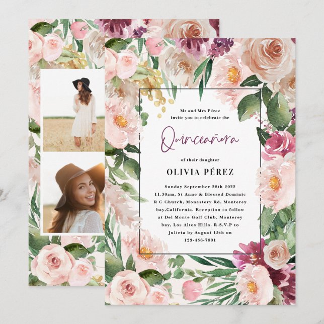 Invitation Quinceañera Rose girly floral 4 photo anniversaire (Devant / Derrière)